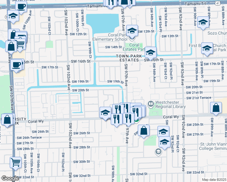 map of restaurants, bars, coffee shops, grocery stores, and more near 9770 Southwest 20th Street in Miami