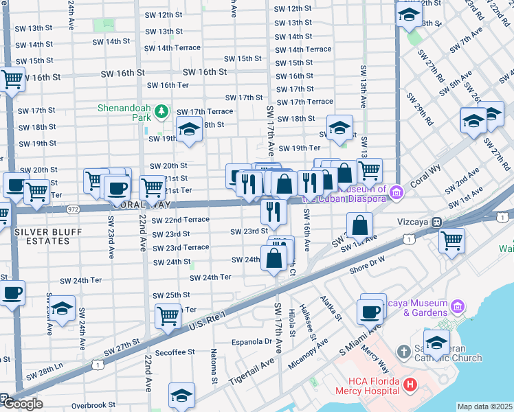 map of restaurants, bars, coffee shops, grocery stores, and more near 1750 Coral Way in Miami