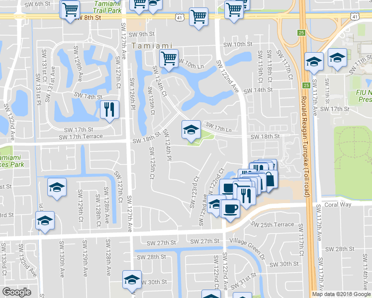 map of restaurants, bars, coffee shops, grocery stores, and more near 12340 Southwest 18th Terrace in Miami