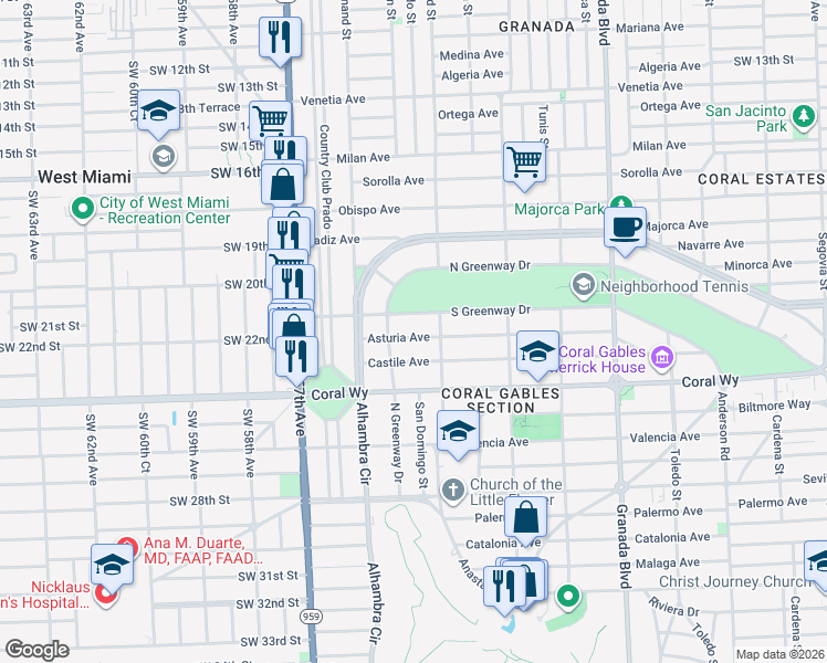 map of restaurants, bars, coffee shops, grocery stores, and more near 1323 Asturia Avenue in Coral Gables