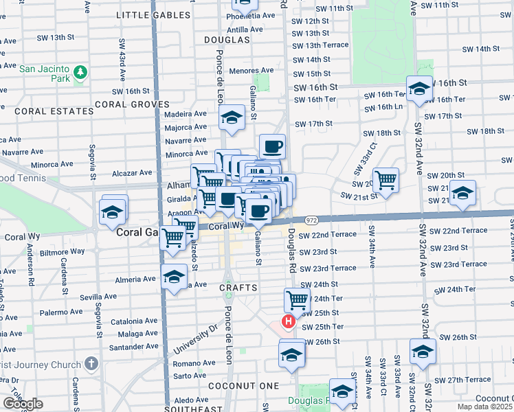map of restaurants, bars, coffee shops, grocery stores, and more near Galiano Street & Aragon Avenue in Coral Gables
