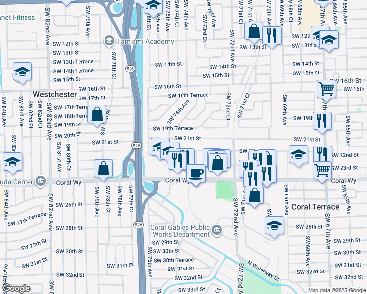 map of restaurants, bars, coffee shops, grocery stores, and more near 7435 Southwest 22nd Street in Miami