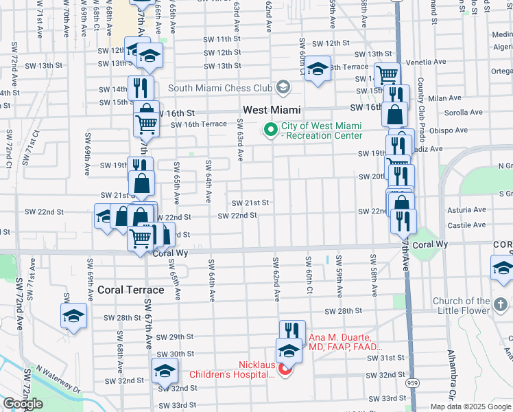map of restaurants, bars, coffee shops, grocery stores, and more near 6250 Southwest 21st Street in Miami