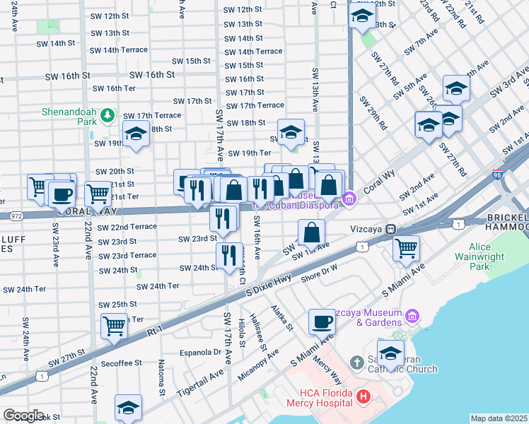 map of restaurants, bars, coffee shops, grocery stores, and more near 2226 Southwest 16th Avenue in Miami