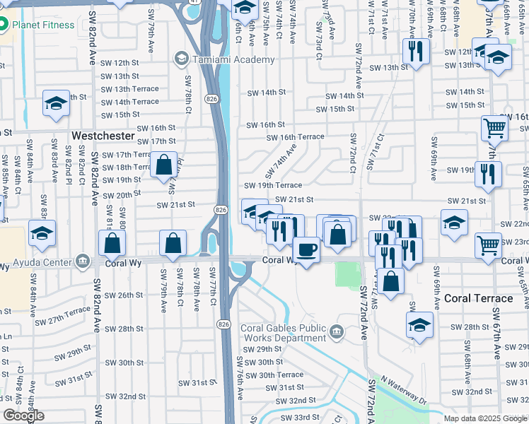 map of restaurants, bars, coffee shops, grocery stores, and more near 2150 Southwest 75th Avenue in Miami