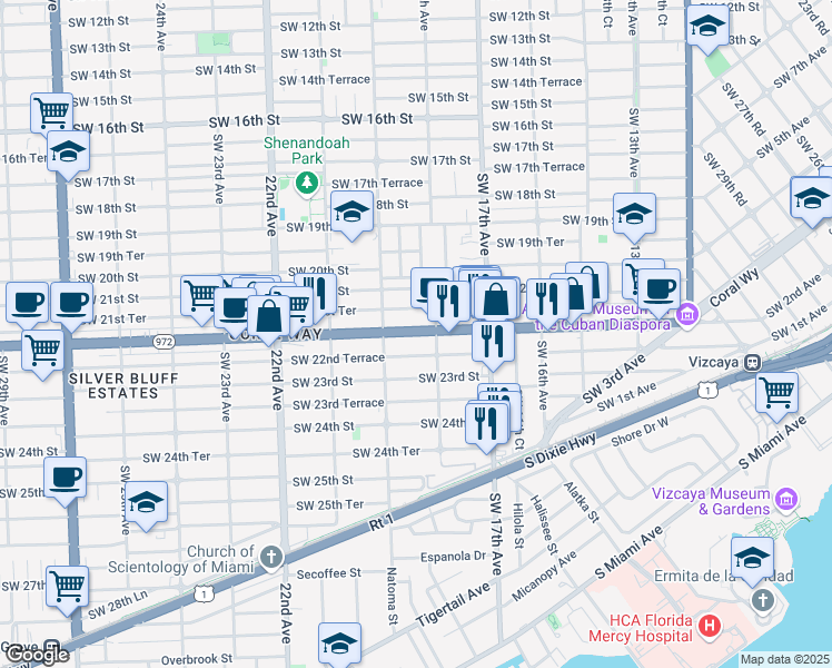 map of restaurants, bars, coffee shops, grocery stores, and more near 1840 Southwest 22nd Street in Miami