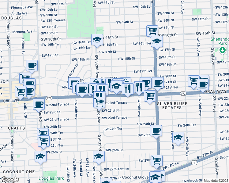 map of restaurants, bars, coffee shops, grocery stores, and more near 2160 Southwest 31st Avenue in Miami