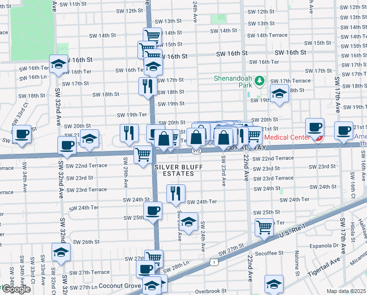 map of restaurants, bars, coffee shops, grocery stores, and more near 2441 Southwest 22nd Street in Miami