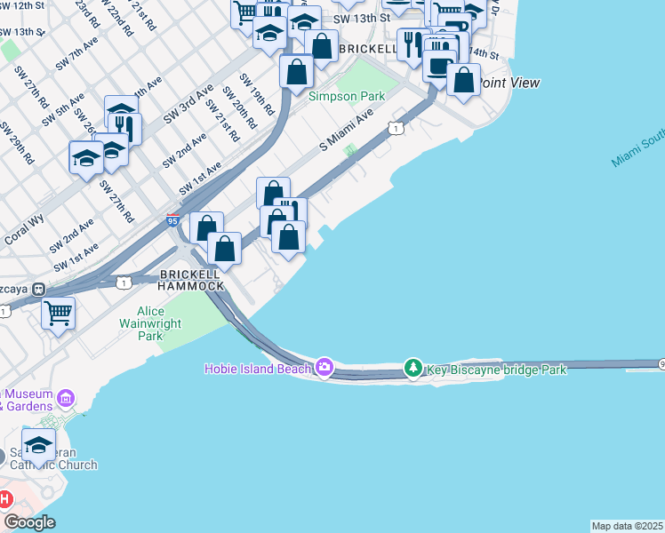 map of restaurants, bars, coffee shops, grocery stores, and more near 1905 Brickell Ave in Miami