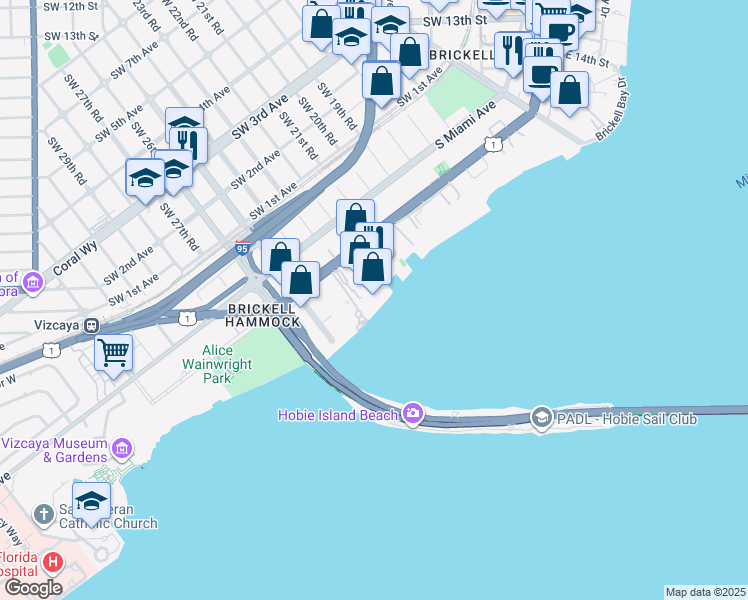 map of restaurants, bars, coffee shops, grocery stores, and more near 2333 Brickell Avenue in Miami
