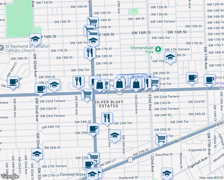 map of restaurants, bars, coffee shops, grocery stores, and more near 2441 Southwest 22nd Street in Miami