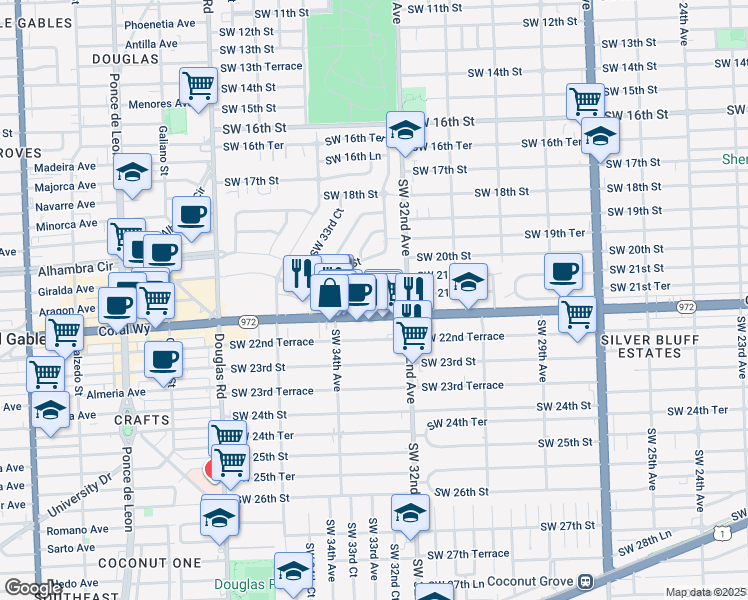 map of restaurants, bars, coffee shops, grocery stores, and more near 3275 Southwest 22nd Street in Miami