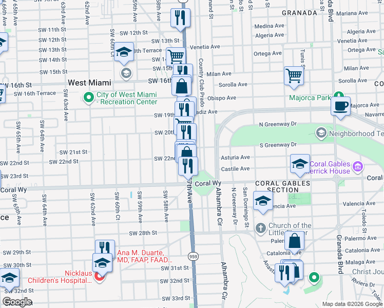 map of restaurants, bars, coffee shops, grocery stores, and more near 2230 Red Road in Miami
