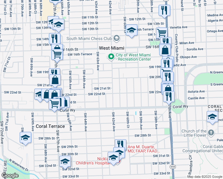 map of restaurants, bars, coffee shops, grocery stores, and more near 6159 Southwest 22nd Street in Miami