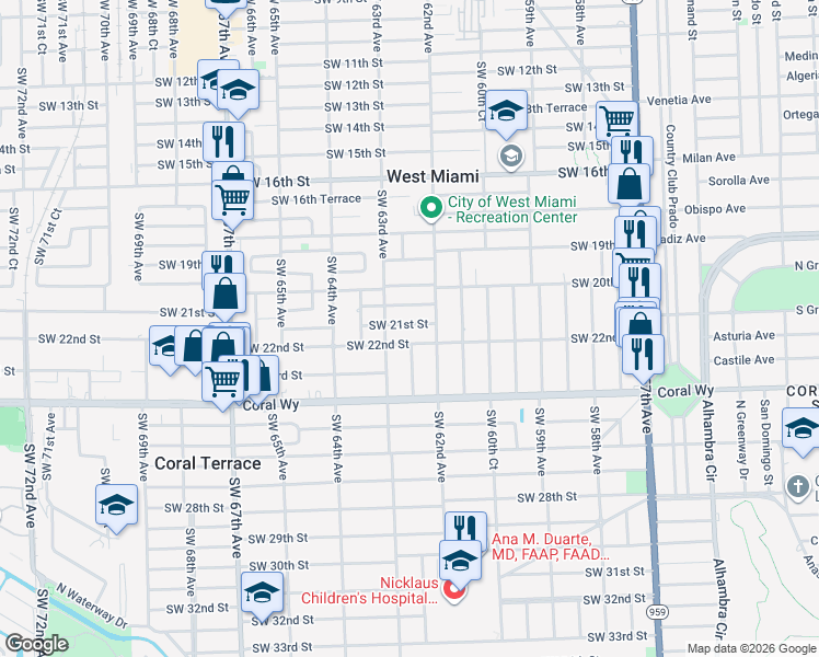 map of restaurants, bars, coffee shops, grocery stores, and more near 6250 Southwest 21st Street in Miami