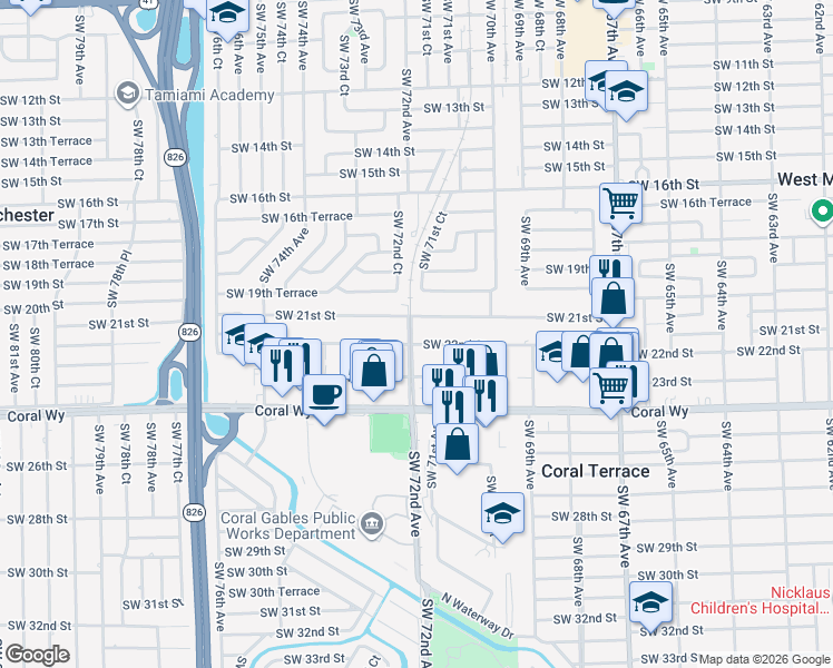 map of restaurants, bars, coffee shops, grocery stores, and more near 7197 Southwest 22nd Street in Miami