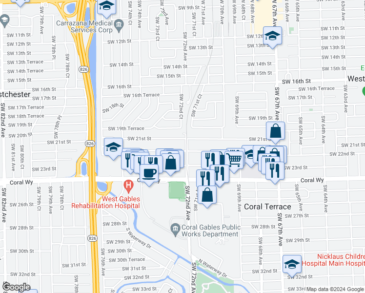 map of restaurants, bars, coffee shops, grocery stores, and more near 7197 Southwest 22nd Street in Miami