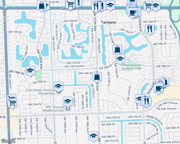 map of restaurants, bars, coffee shops, grocery stores, and more near 12750 Southwest 19th Street in Miami