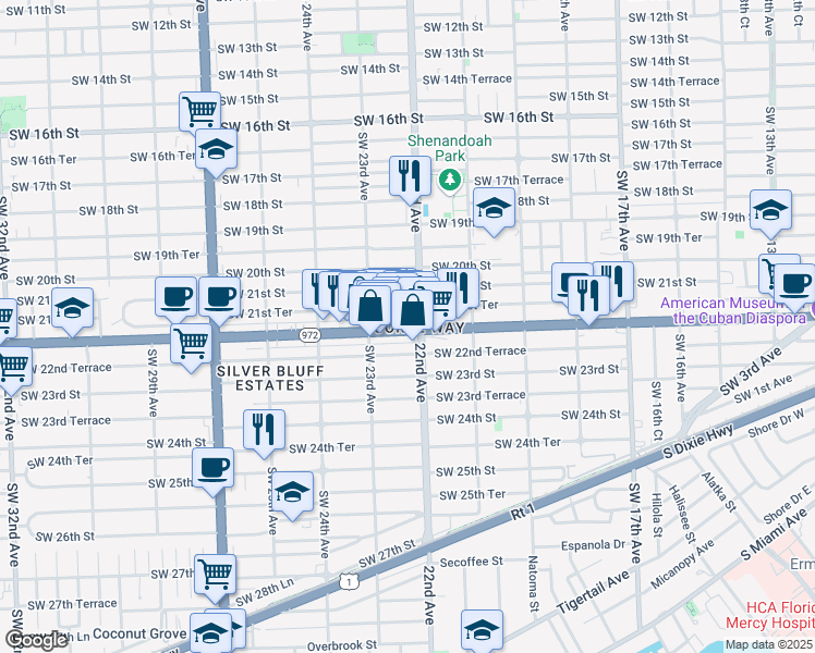map of restaurants, bars, coffee shops, grocery stores, and more near 2223 Coral Way in Miami