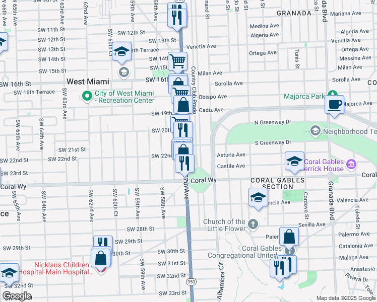 map of restaurants, bars, coffee shops, grocery stores, and more near 2230 Red Road in Miami