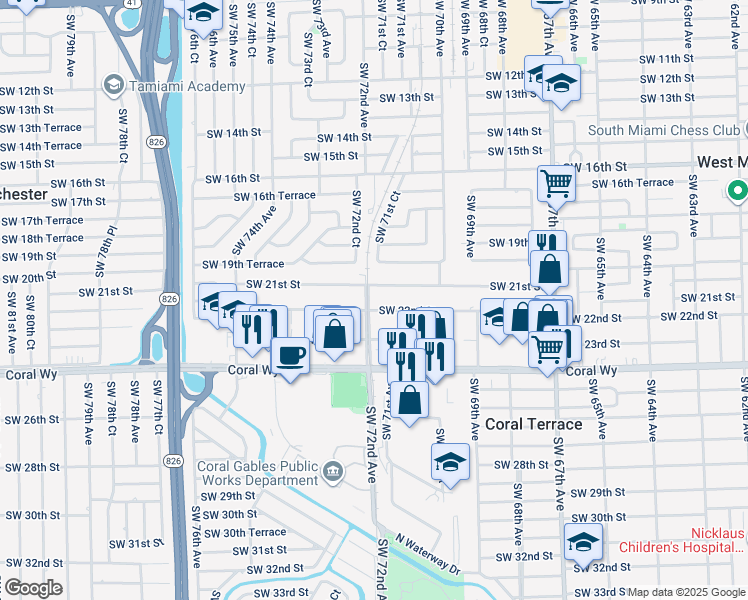 map of restaurants, bars, coffee shops, grocery stores, and more near 7197 Southwest 22nd Street in Miami