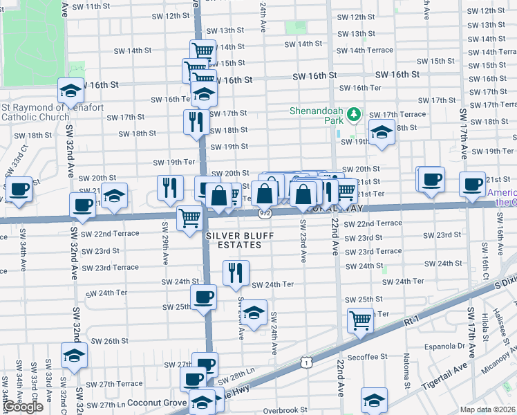 map of restaurants, bars, coffee shops, grocery stores, and more near 2441 Southwest 22nd Street in Miami