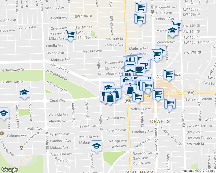 map of restaurants, bars, coffee shops, grocery stores, and more near 501 Aragon Avenue in Coral Gables