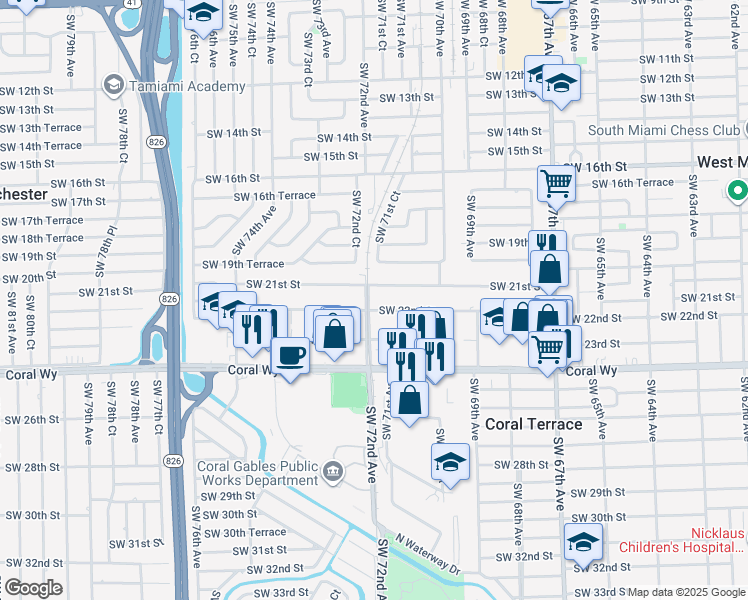 map of restaurants, bars, coffee shops, grocery stores, and more near 7197 Southwest 22nd Street in Miami