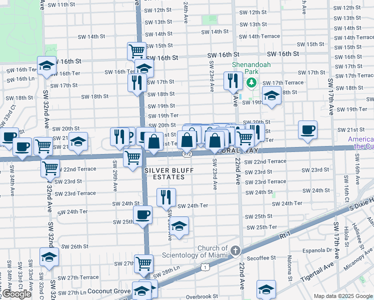 map of restaurants, bars, coffee shops, grocery stores, and more near 2401 Southwest 22nd Street in Miami