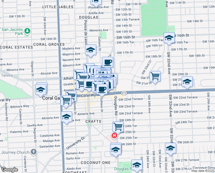 map of restaurants, bars, coffee shops, grocery stores, and more near in Coral Gables