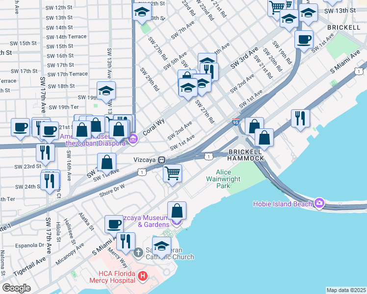 map of restaurants, bars, coffee shops, grocery stores, and more near 3001 Southwest 1st Avenue in Miami