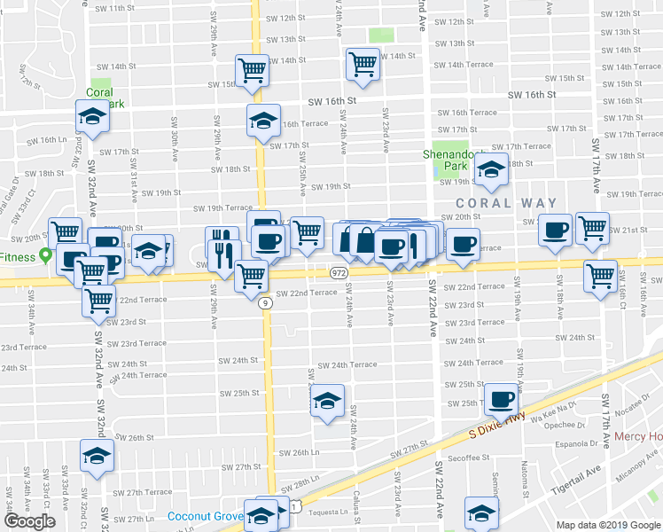 map of restaurants, bars, coffee shops, grocery stores, and more near 2425 Southwest 22nd Street in Miami
