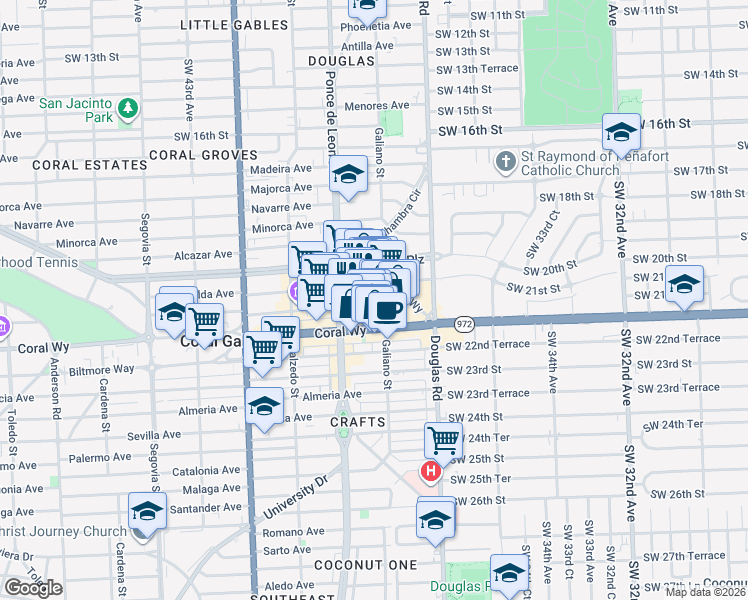 map of restaurants, bars, coffee shops, grocery stores, and more near 126 Aragon Avenue in Coral Gables