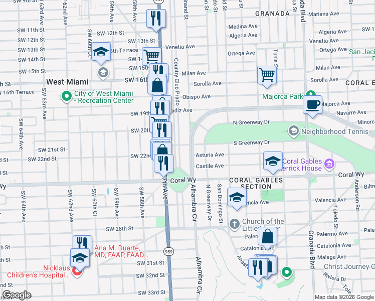 map of restaurants, bars, coffee shops, grocery stores, and more near 2110 Alhambra Circle in Coral Gables