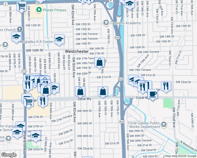 map of restaurants, bars, coffee shops, grocery stores, and more near 7855 Southwest 21st Terrace in Miami