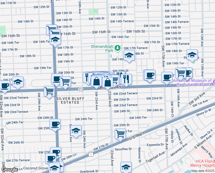map of restaurants, bars, coffee shops, grocery stores, and more near 2223 Coral Way in Miami