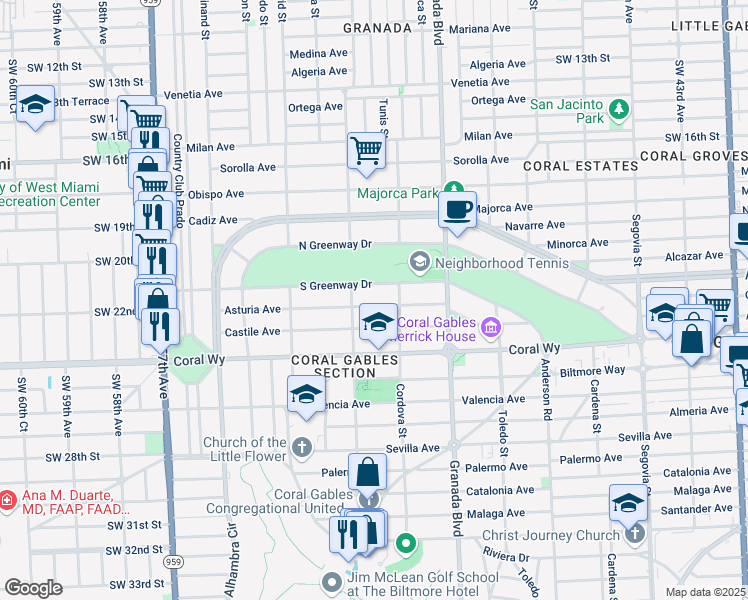 map of restaurants, bars, coffee shops, grocery stores, and more near 1132 Asturia Avenue in Coral Gables