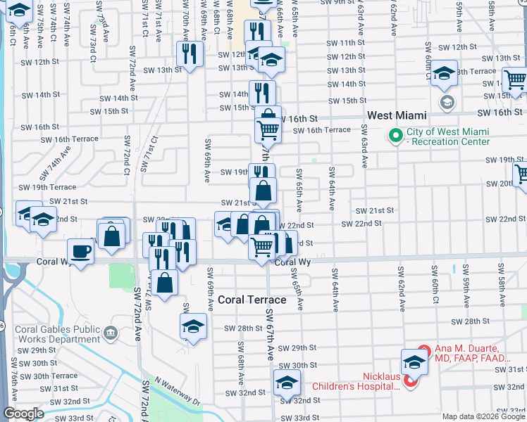 map of restaurants, bars, coffee shops, grocery stores, and more near 2124 Ludlam Road in Miami