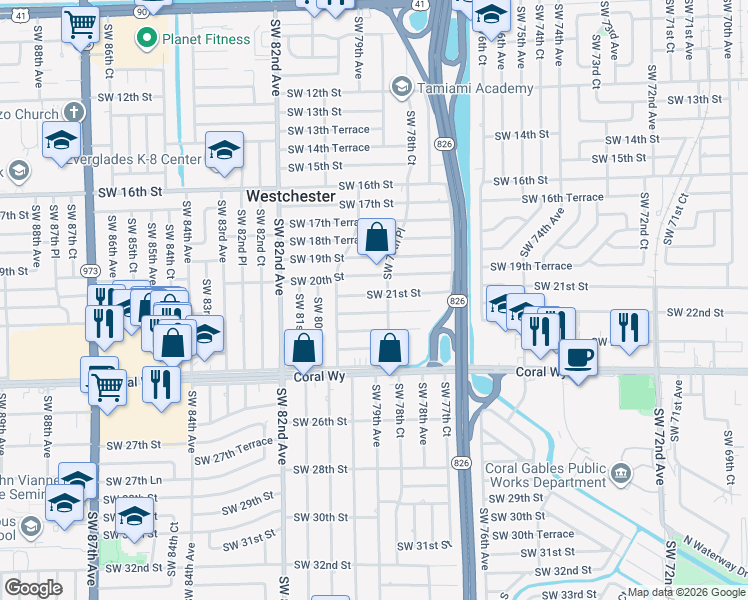map of restaurants, bars, coffee shops, grocery stores, and more near 7855 Southwest 21st Terrace in Miami
