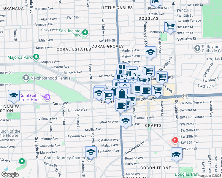 map of restaurants, bars, coffee shops, grocery stores, and more near 415 Aragon Avenue in Coral Gables