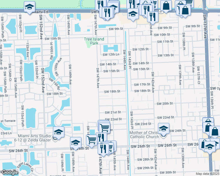 map of restaurants, bars, coffee shops, grocery stores, and more near 14501 Southwest 18th Street in Miami