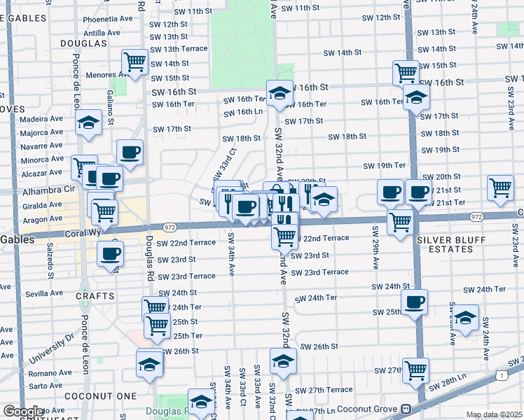 map of restaurants, bars, coffee shops, grocery stores, and more near 3275 Southwest 22nd Street in Miami