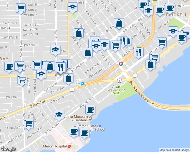 map of restaurants, bars, coffee shops, grocery stores, and more near 2957 Southwest 1st Avenue in Miami