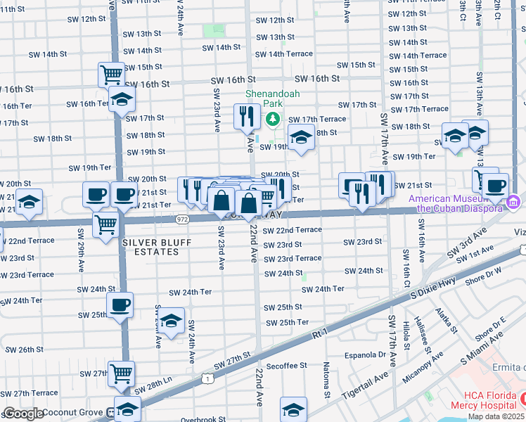 map of restaurants, bars, coffee shops, grocery stores, and more near 2135 Coral Way in Miami