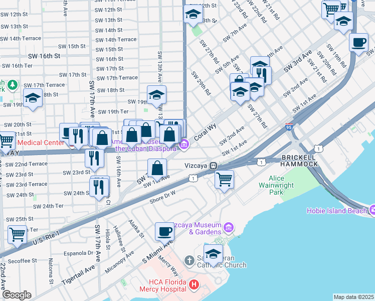map of restaurants, bars, coffee shops, grocery stores, and more near 1181 Southwest 22nd Terrace in Miami
