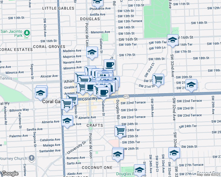 map of restaurants, bars, coffee shops, grocery stores, and more near in Coral Gables