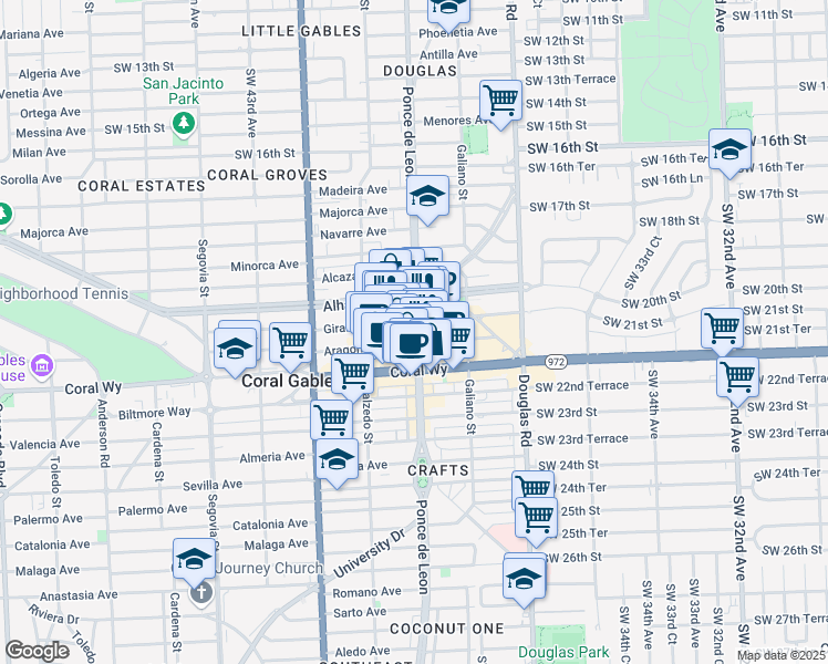 map of restaurants, bars, coffee shops, grocery stores, and more near 205 Aragon Avenue in Coral Gables