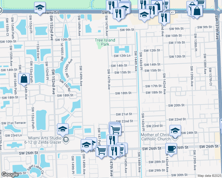 map of restaurants, bars, coffee shops, grocery stores, and more near 14681 Southwest 18th Street in Miami