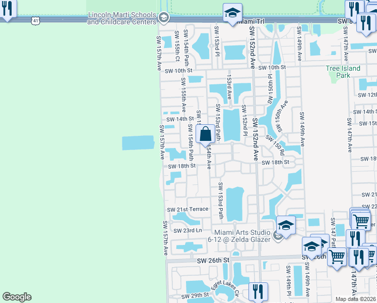 map of restaurants, bars, coffee shops, grocery stores, and more near 1724 Southwest 154th Path in Miami