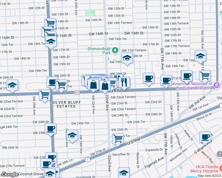 map of restaurants, bars, coffee shops, grocery stores, and more near 2135 Coral Way in Miami